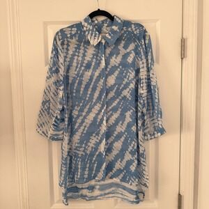 Chicos L Sheer Tie Dye Print Button Up Shirt Tunic Blue White 2 Coverup‎ Accent